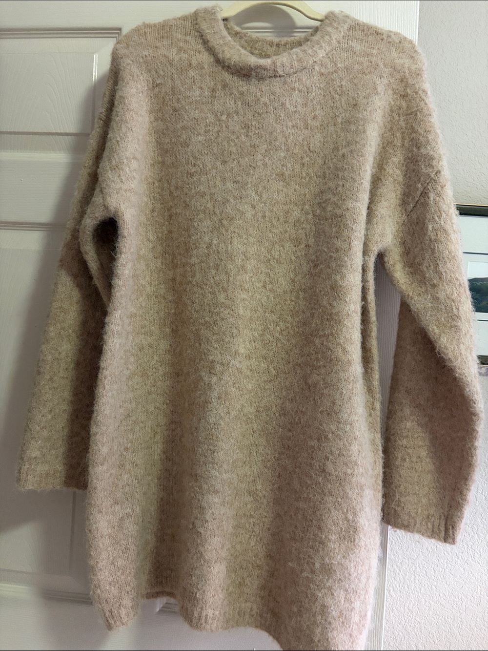 Topshop Plush Crewneck Sweater Dress in Light Camel